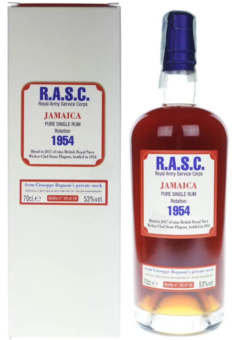 Bouteille Velier & Begnoni R.A.S.C Jamaica millésime 1954, rhum militaire jamaïcain embouteillé par Velier.